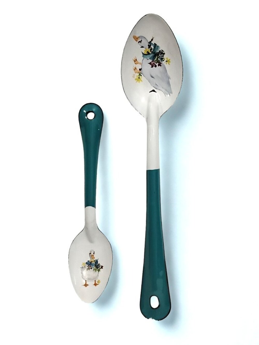 2 Vintage Hand Painted Country Geese Large White Teal Enamelware Serving Spoons
